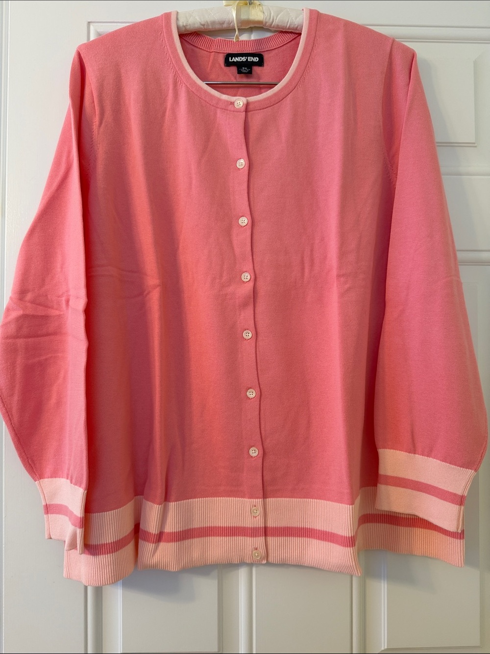 Lands' End Coral Pink Button-Front Women's Cardigan with Contrast Trim